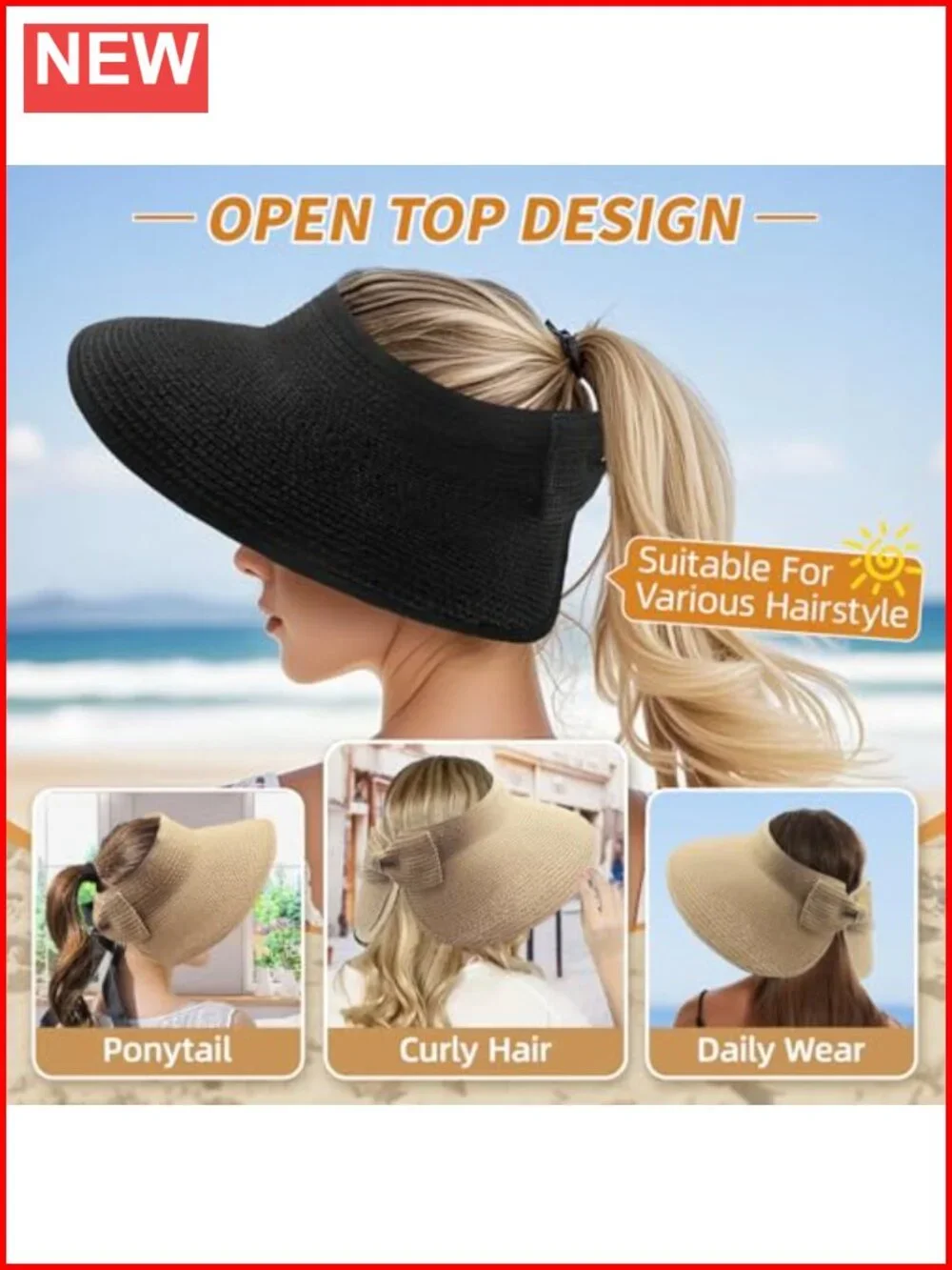Women Wide Brim Straw Sun Visor Hat UPF 50+ Packable Breathable